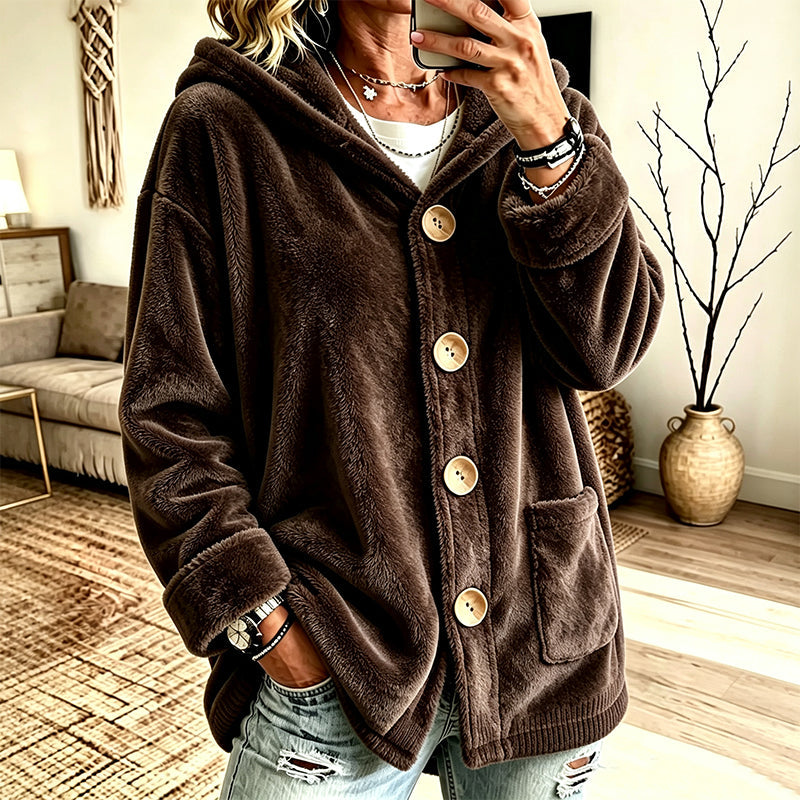 Women's Loose Button-Down Hooded Velvet Jacket