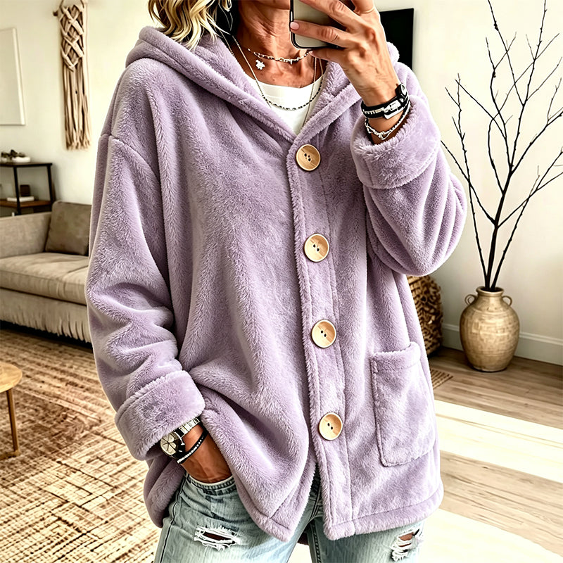 Women's Loose Button-Down Hooded Velvet Jacket