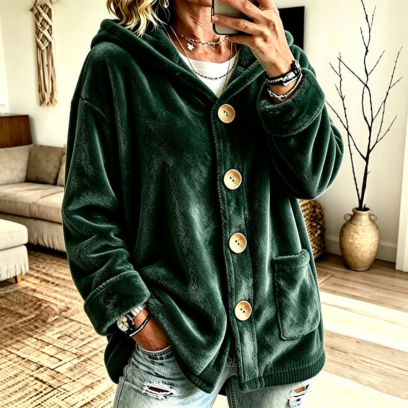Women's Loose Button-Down Hooded Velvet Jacket