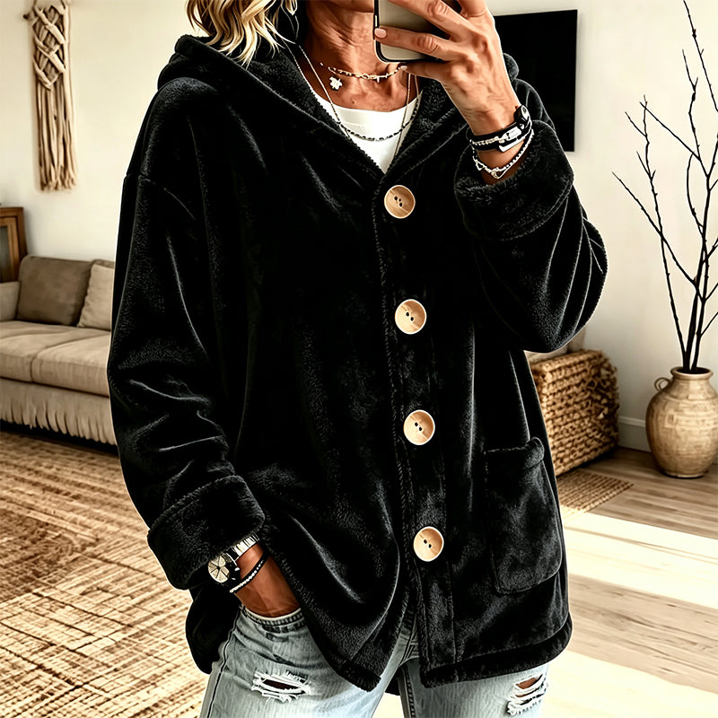 Women's Loose Button-Down Hooded Velvet Jacket