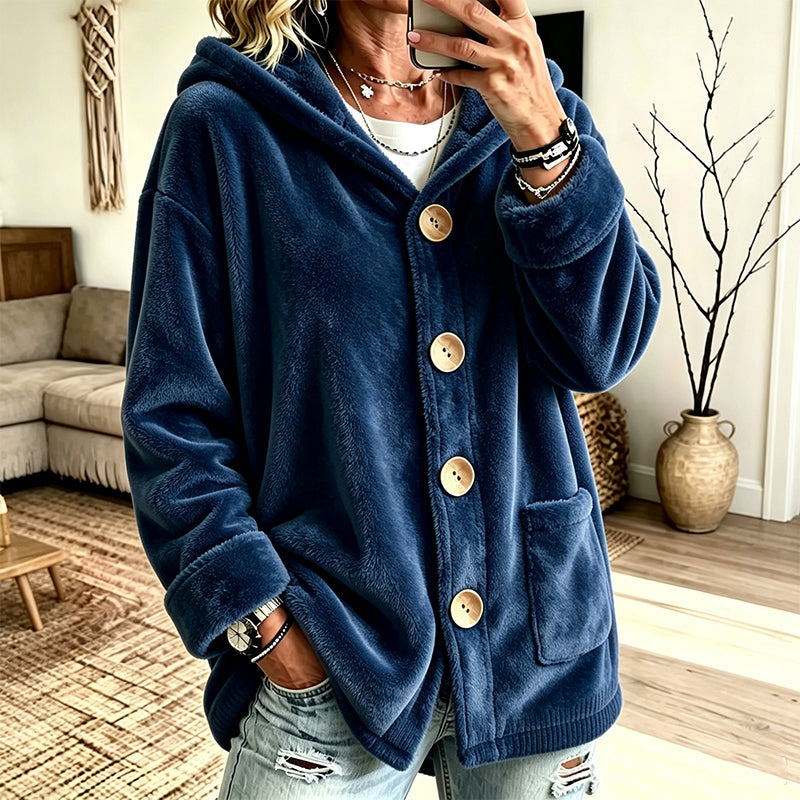 Women's Loose Button-Down Hooded Velvet Jacket