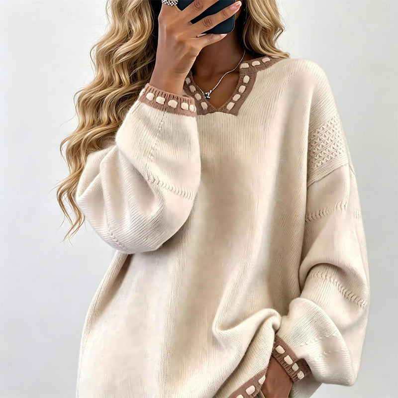 Women's Cozy V-Neck Sweater with Contrast Trim