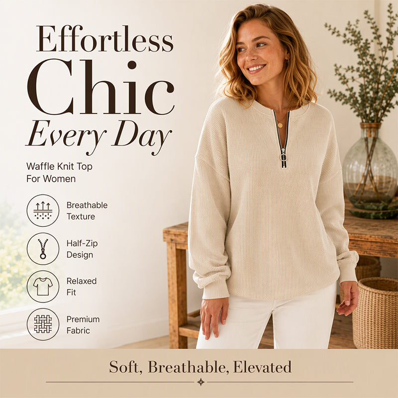 Women's Casual Quarter Zip Waffle Knit Top