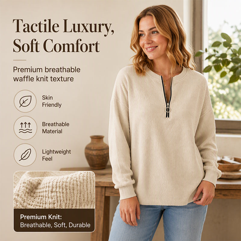 Women's Casual Quarter Zip Waffle Knit Top